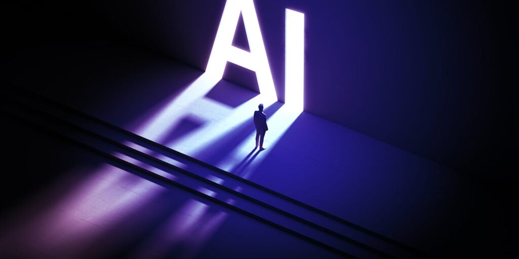 Business Person standing in front of an AI door