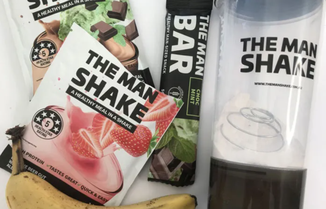 The Man Shake products, weight loss shakes, protein bars, vegan products and accessories.