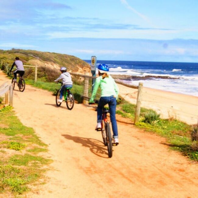 Family riding bikes along the coast