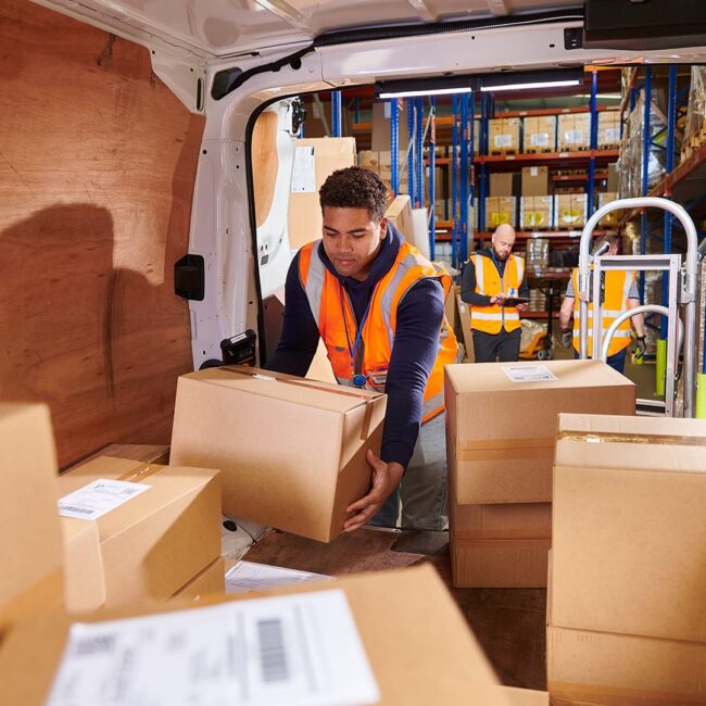 Person packing a van with boxes