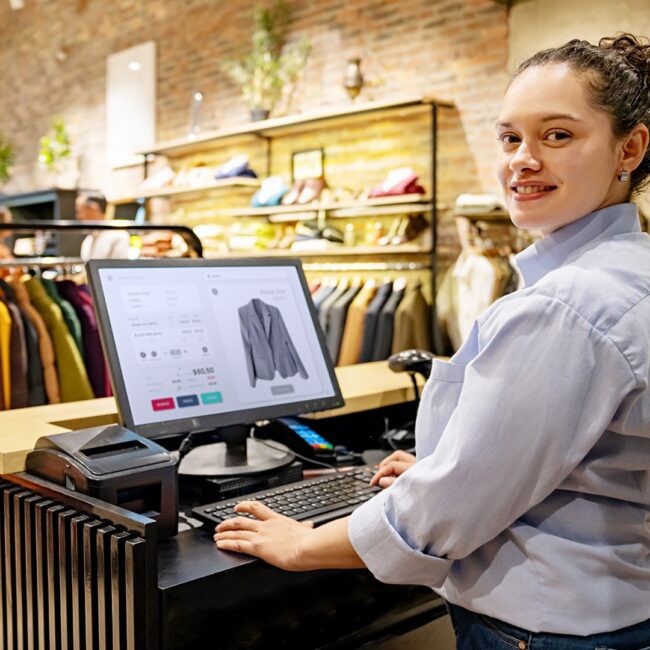 Retail store with Staff member using computer