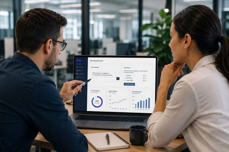 2 people looking at statistics on computer screen